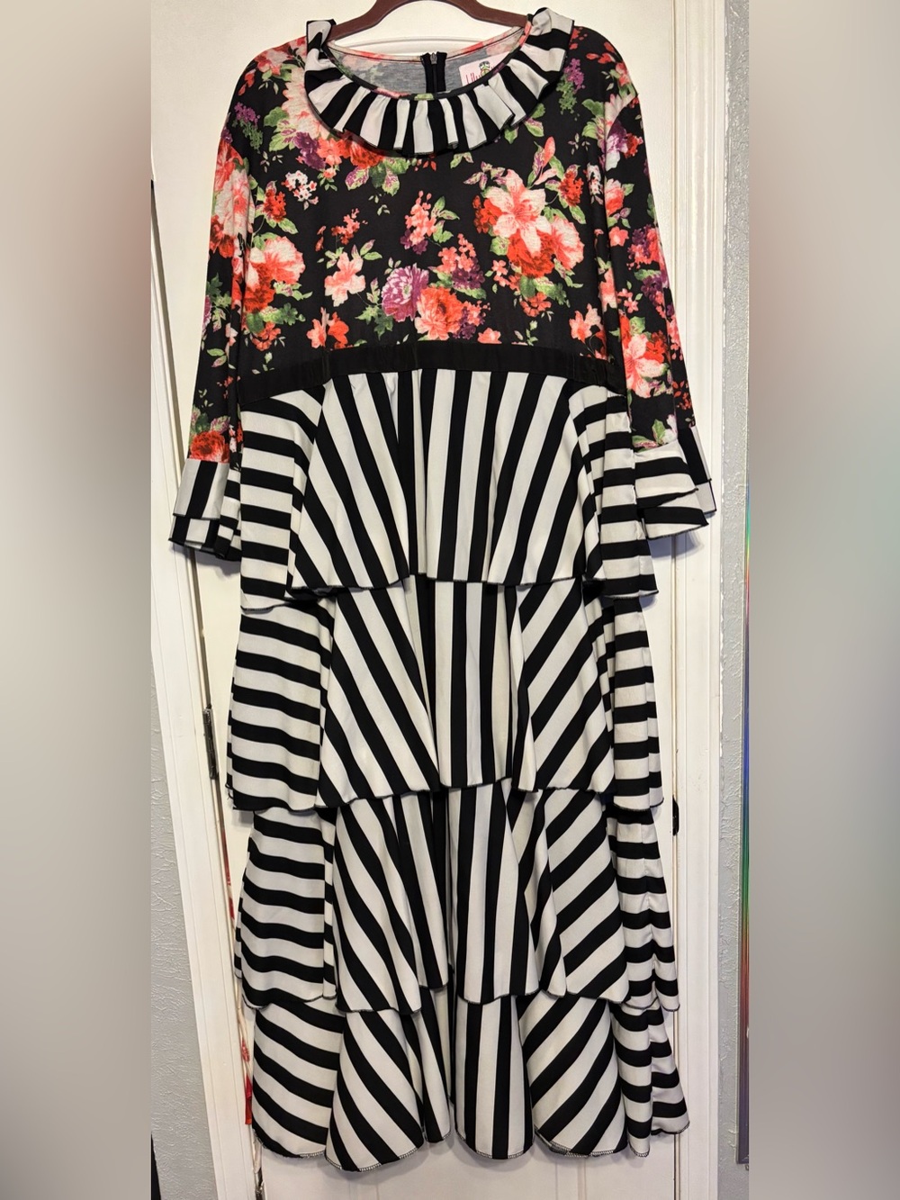 LuLaRoe Black Floral and White-Black Striped Tiered Midi Dress